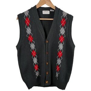 Vtg‎ Brian MacNeil Argyle V-Neck Sweater Vest Gray Red Mens L Grandpa Preppy 80s